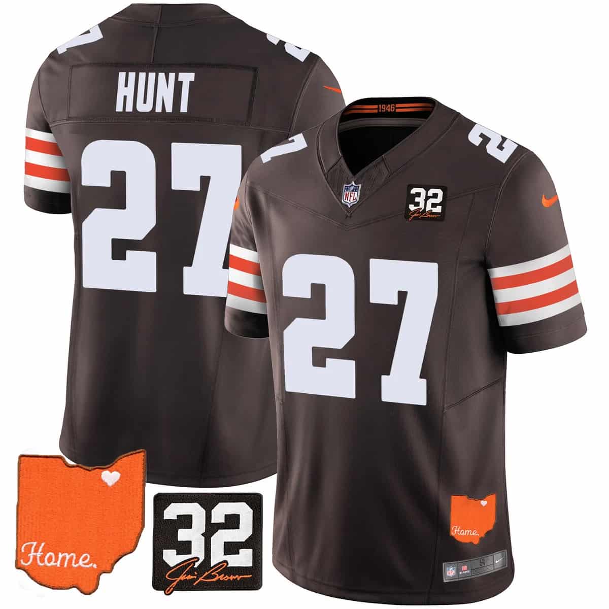 Custom Men’s Cleveland Browns #32 Jim Brown Memorial & Home Patch Vapor Limited Jersey All Stitched Kareem Hunt 27