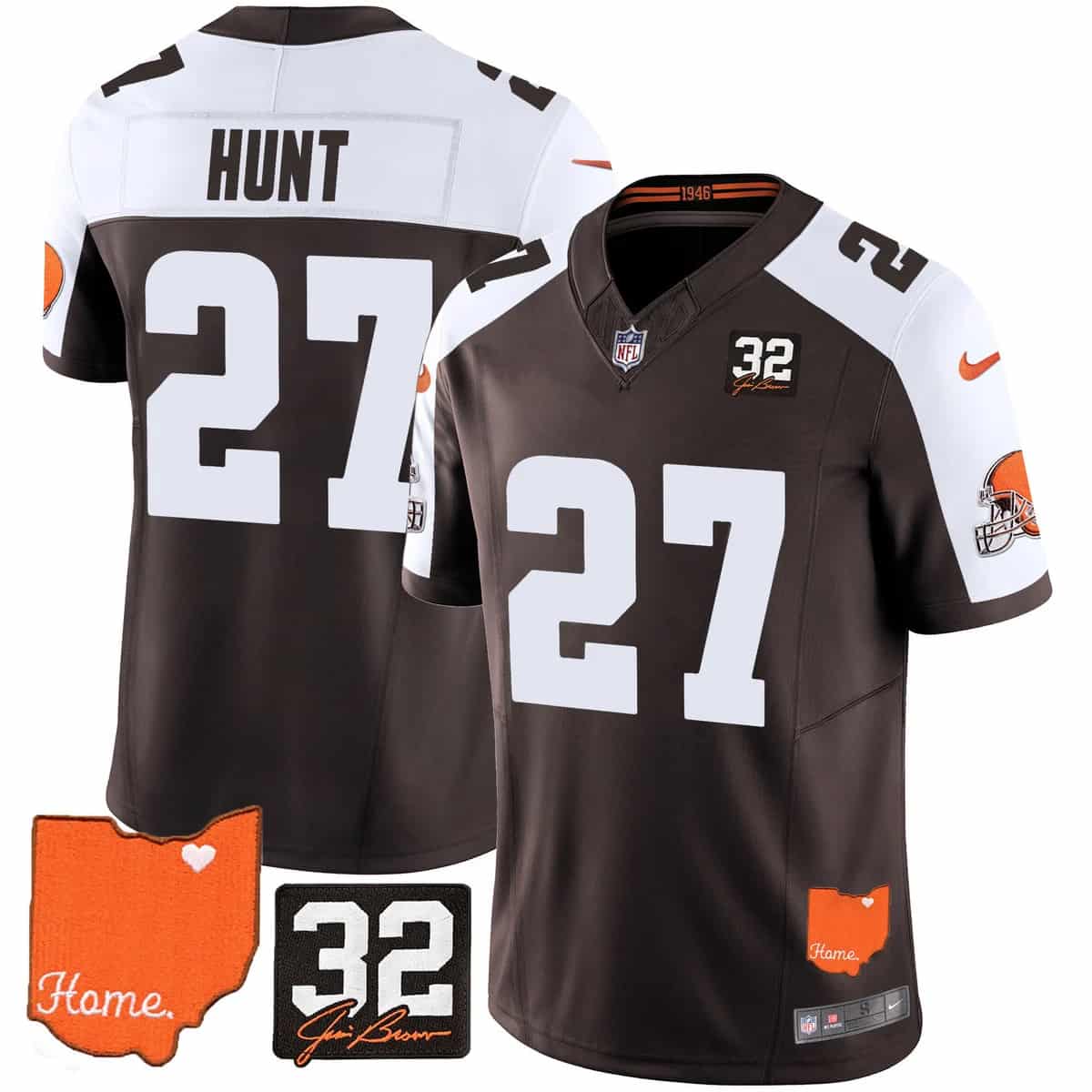 Custom Men’s Cleveland Browns #32 Jim Brown Memorial & Home Patch Vapor Limited Jersey All Stitched Kareem Hunt
