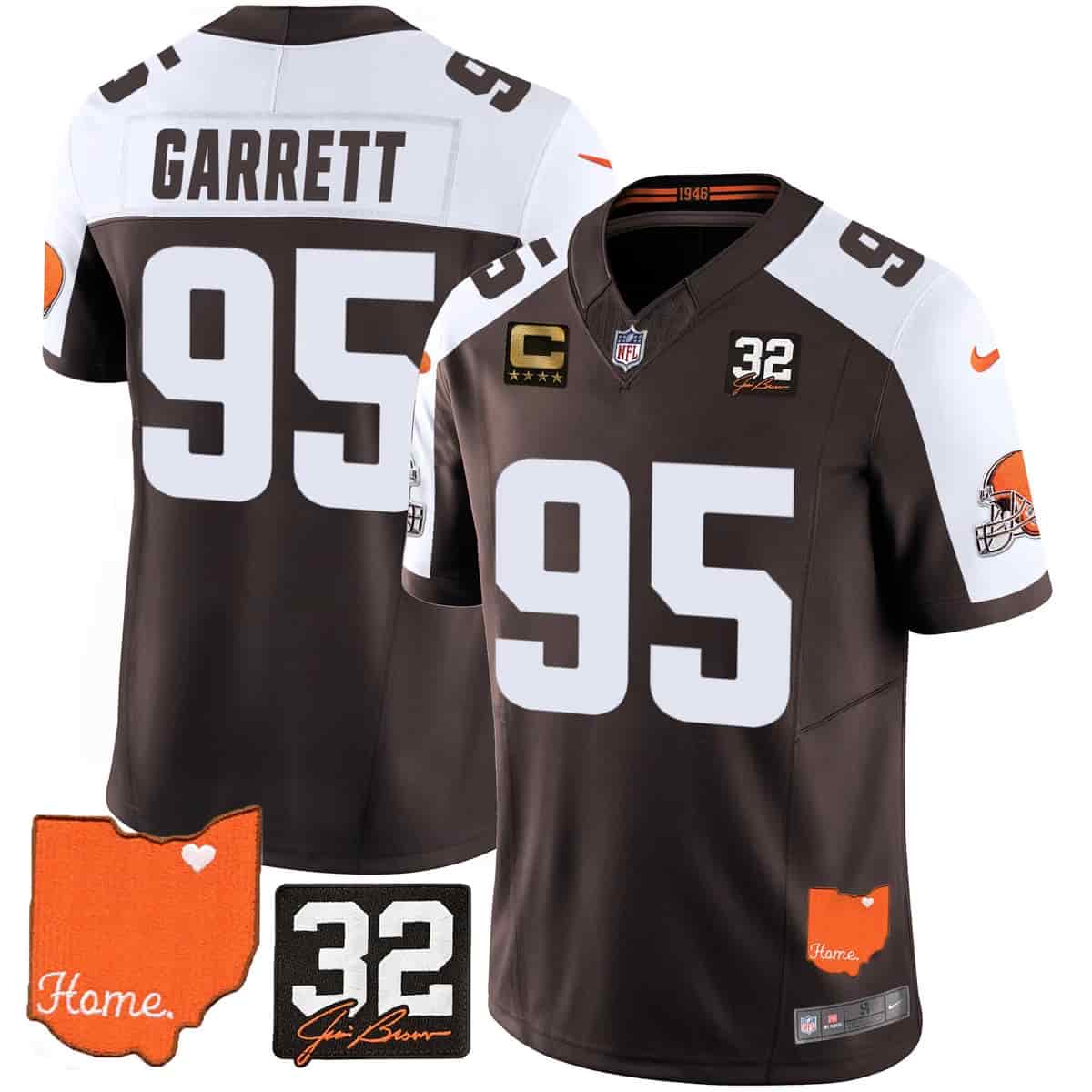 Custom Men’s Cleveland Browns #32 Jim Brown Memorial & Home Patch Vapor Limited Jersey All Stitched Myles Garrett