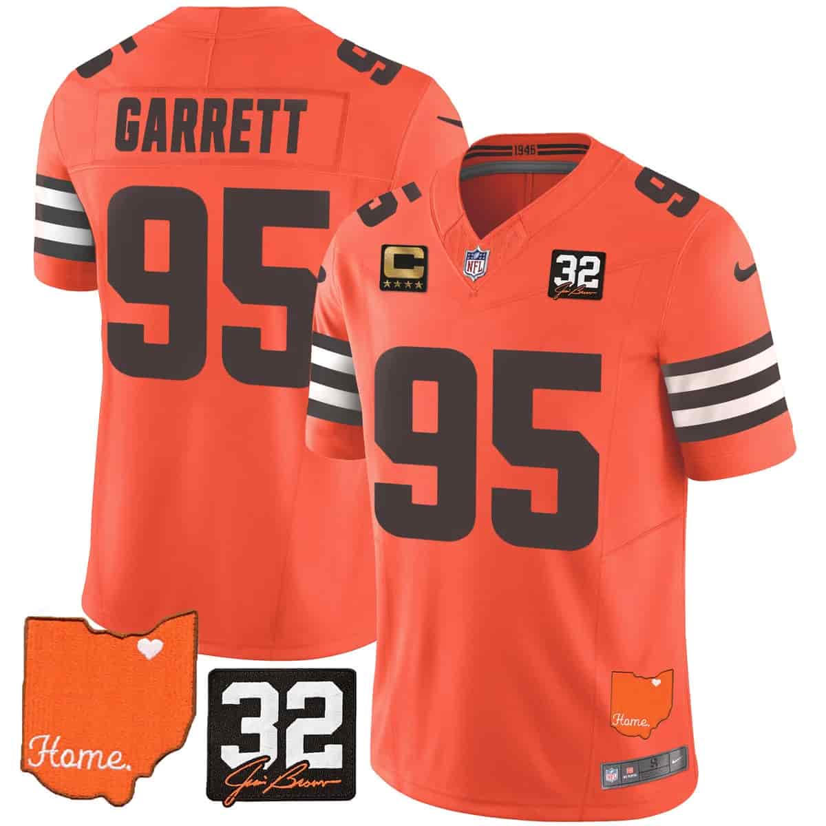 Custom Men’s Cleveland Browns #32 Jim Brown Memorial & Home Patch Vapor Limited Jersey All Stitched Myles Garrett 95