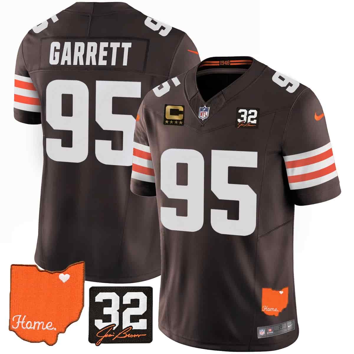 Custom Men’s Cleveland Browns #32 Jim Brown Memorial & Home Patch Vapor Limited Jersey All Stitched Myles Garrett 95