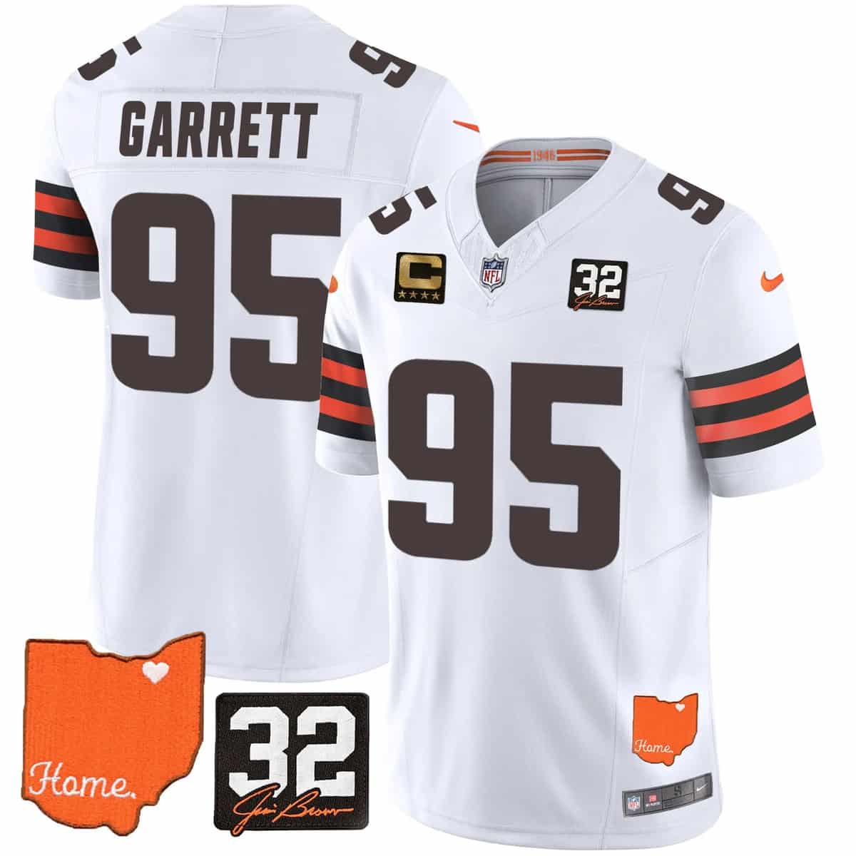 Custom Men’s Cleveland Browns #32 Jim Brown Memorial & Home Patch Vapor Limited Jersey All Stitched Myles Garrett 95