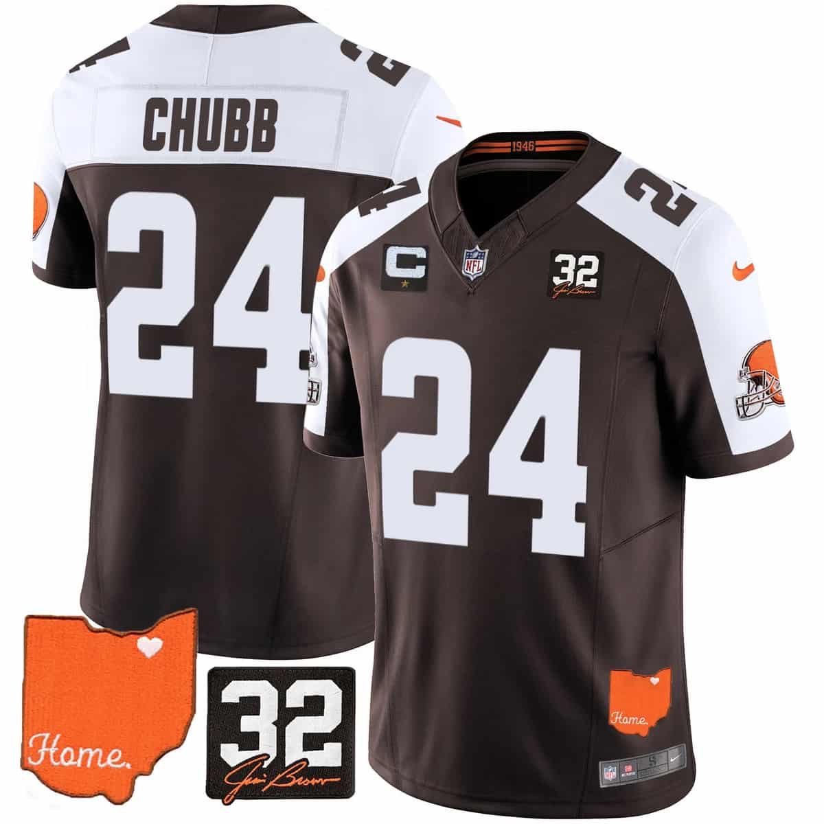 Custom Men’s Cleveland Browns #32 Jim Brown Memorial & Home Patch Vapor Limited Jersey All Stitched Nick Chubb