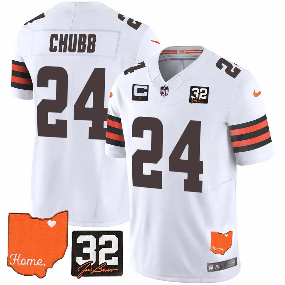 Custom Men’s Cleveland Browns #32 Jim Brown Memorial & Home Patch Vapor Limited Jersey All Stitched Nick Chubb