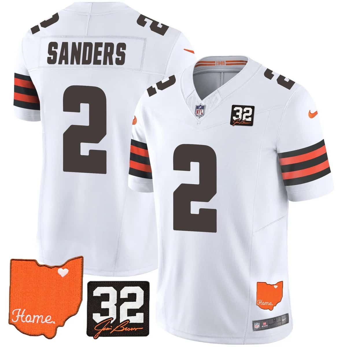 Custom Men’s Cleveland Browns #32 Jim Brown Memorial & Home Patch Vapor Limited Jersey All Stitched Shedeur Sanders #2