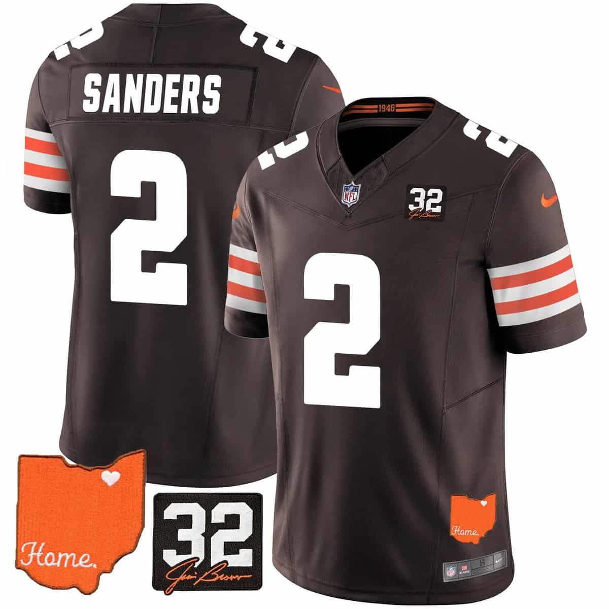Custom Men’s Cleveland Browns #32 Jim Brown Memorial & Home Patch Vapor Limited Jersey All Stitched Shedeur Sanders #2
