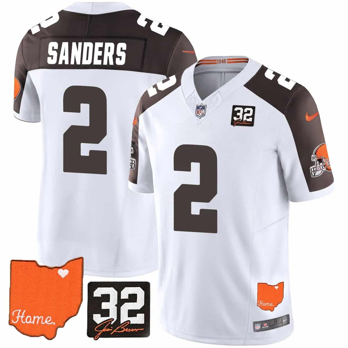 Custom Men’s Cleveland Browns #32 Jim Brown Memorial & Home Patch Vapor Limited Jersey All Stitched Shedeur Sanders #2