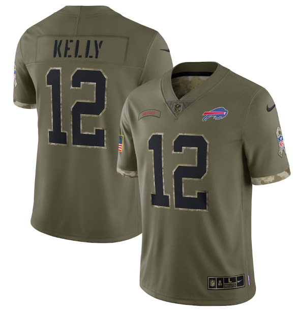 Custom Men’s Buffalo Bills #12 Jim Kelly Olive 2022 Salute To Service Limited Stitched Jersey