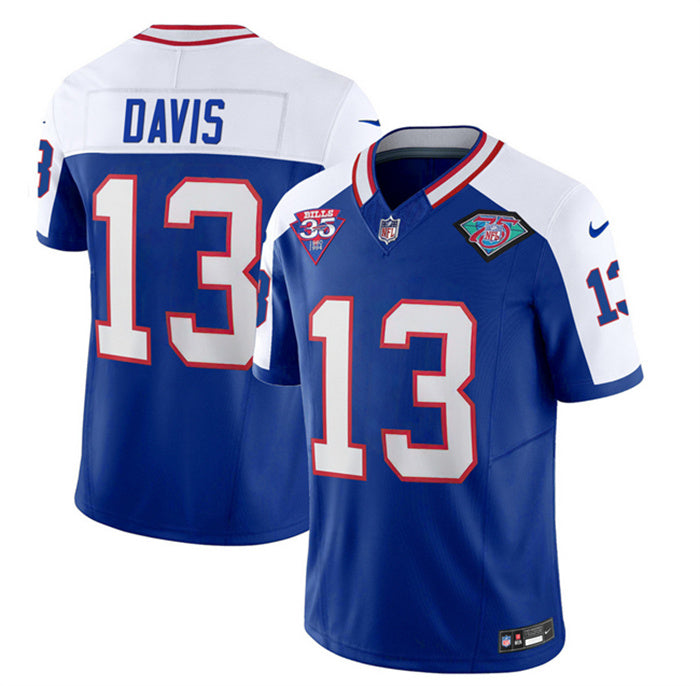 Custom Men’s Buffalo Bills #13 Gabe Davis Blue White 35th And 75th Patch 2023 F.U.S.E. Throwback Vapor Untouchable Limited Stitched Jersey