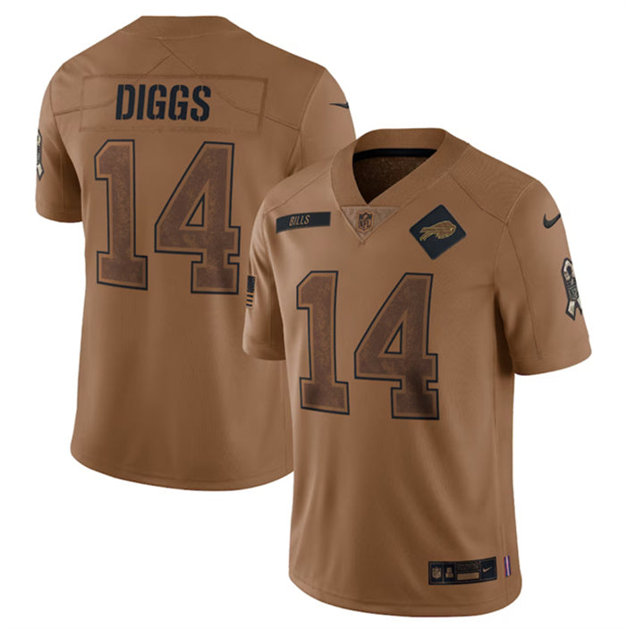 Custom Men’s Buffalo Bills #14 Stefon Diggs 2023 Brown Salute To Service Limited Stitched Jersey