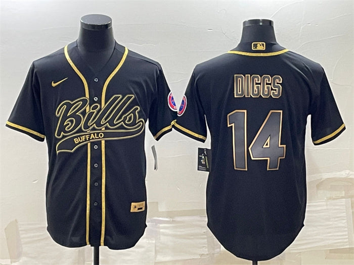 Custom Men’s Buffalo Bills #14 Stefon Diggs Black Gold With Patch Cool Base Stitched Baseball Jersey