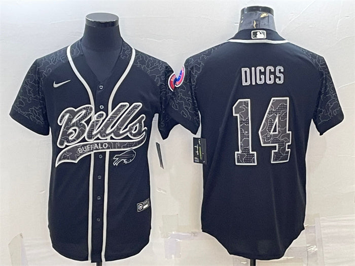 Custom Men’s Buffalo Bills #14 Stefon Diggs Black Reflective With Patch Cool Base Stitched Baseball Jersey