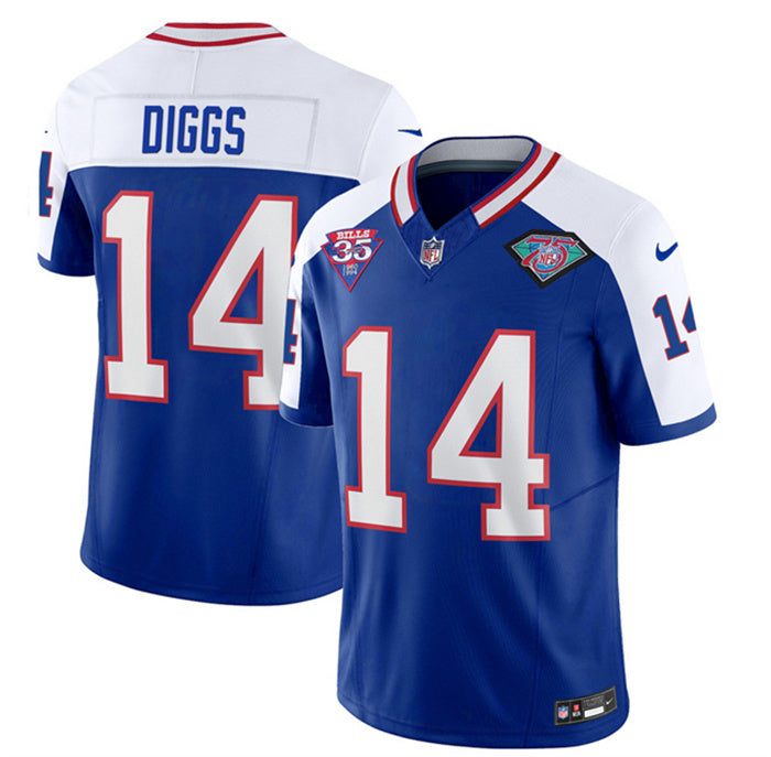 Custom Men’s Buffalo Bills #14 Stefon Diggs Blue White 35th And 75th Patch 2023 F.U.S.E. Throwback Vapor Untouchable Limited Stitched Jersey