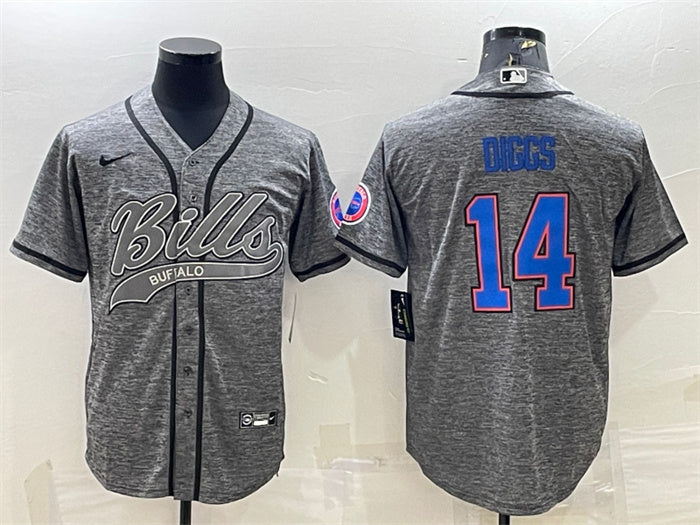 Custom Men’s Buffalo Bills #14 Stefon Diggs Grey With Patch Cool Base Stitched Baseball Jersey