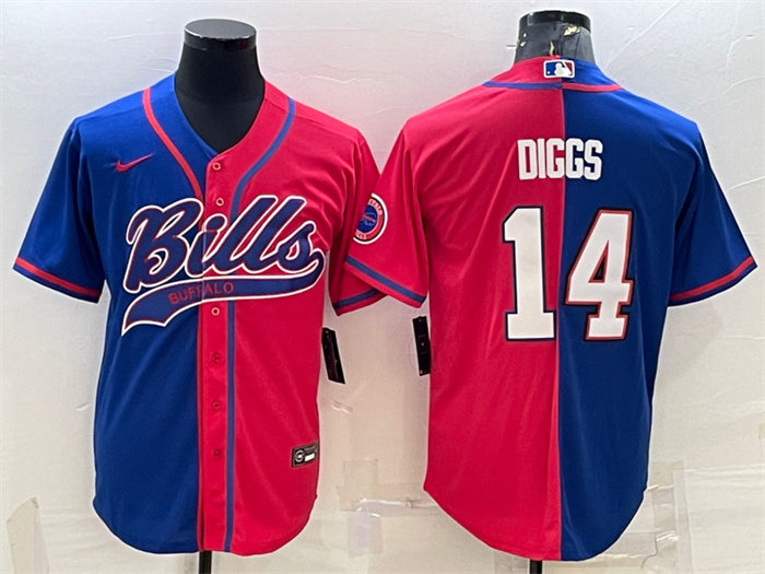 Custom Men’s Buffalo Bills #14 Stefon Diggs Royal Red Split With Patch Cool Base Stitched Baseball Jersey