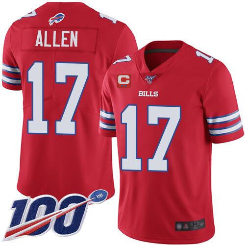 Custom Men’s Buffalo Bills #17 Josh Allen 100th Season Red With C Patch Vapor Untouchable Limited Stitched Jersey