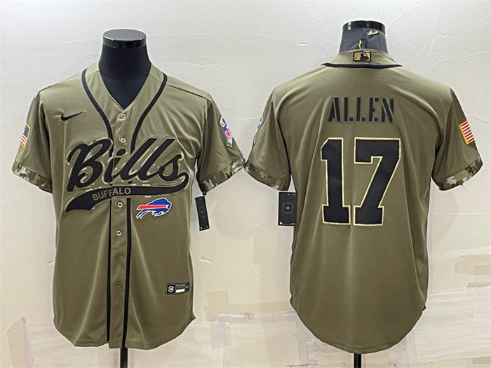 Custom Men’s Buffalo Bills #17 Josh Allen 2022 Olive Salute To Service Cool Base Stitched Baseball Jersey