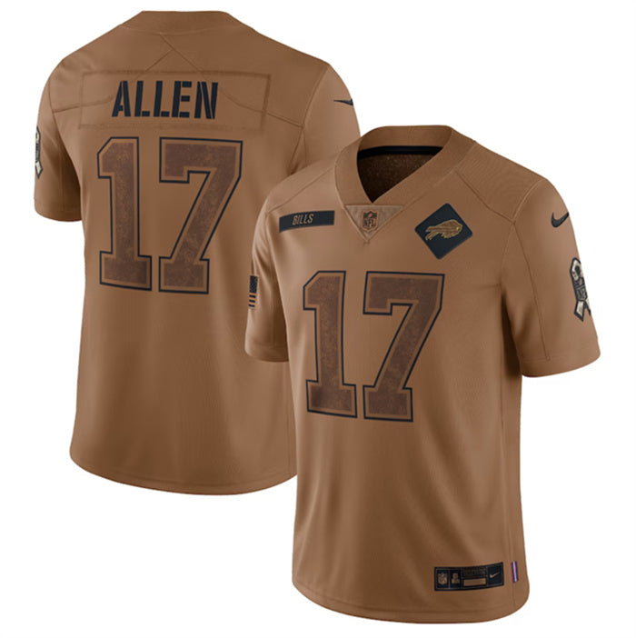 Custom Men’s Buffalo Bills #17 Josh Allen 2023 Brown Salute To Service Limited Stitched Jersey