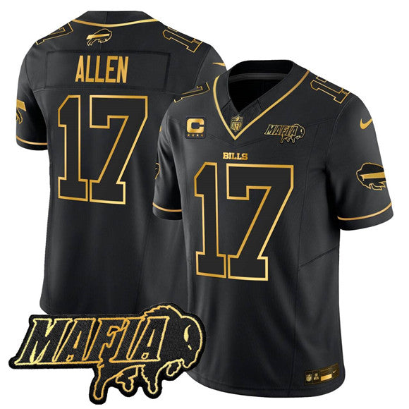 Custom Men’s Buffalo Bills #17 Josh Allen Black Gold 2025 F.U.S.E. With Bills Mafia Patch & 4-Star C Patch Vapor Limited Stitched Football vJersey com