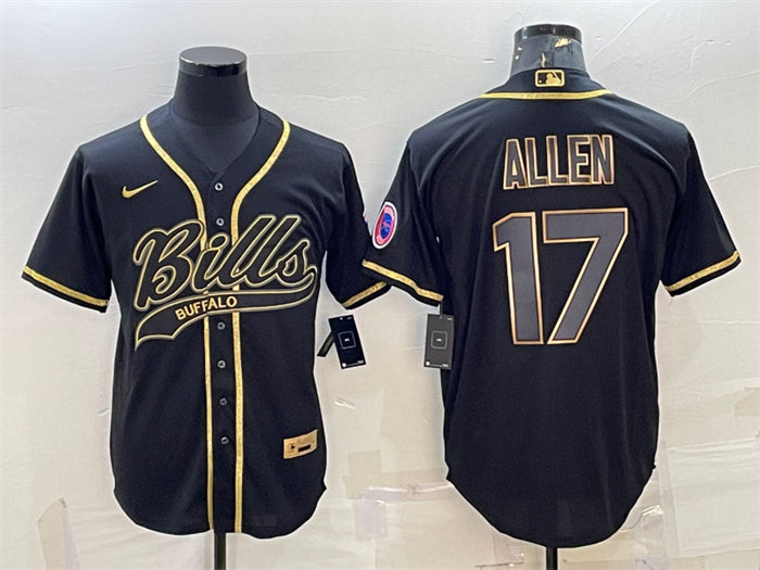 Custom Men’s Buffalo Bills #17 Josh Allen Black Gold Edition With Patch Cool Base Stitched Baseball Jersey
