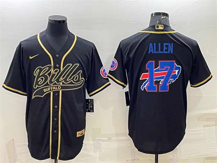 Custom Men’s Buffalo Bills #17 Josh Allen Black Gold Team Big Logo With Patch Cool Base Stitched Baseball Jersey