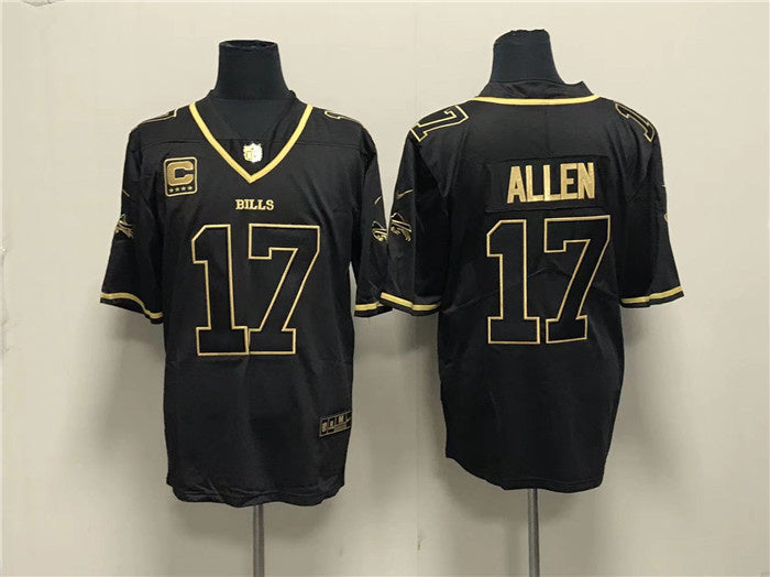 Custom Men’s Buffalo Bills #17 Josh Allen Black Gold With 4-Star C Patch Limited Stitched Jersey
