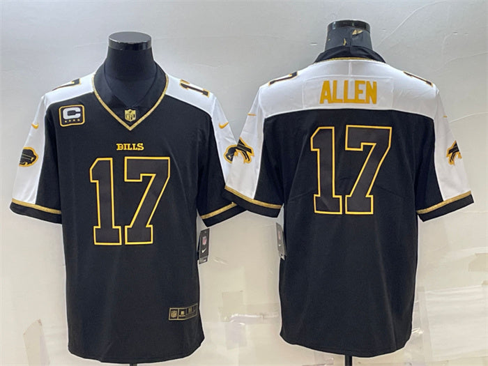 Custom Men’s Buffalo Bills #17 Josh Allen Black Gold With C Patch Thanksgiving Vapor Untouchable Limited Stitched Jersey