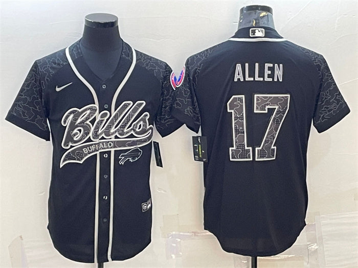 Custom Men’s Buffalo Bills #17 Josh Allen Black Reflective With Patch Cool Base Stitched Baseball Jersey
