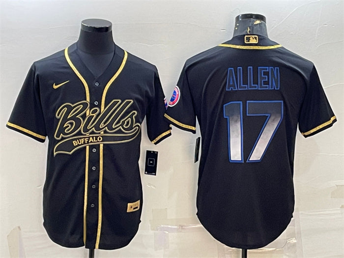 Custom Men’s Buffalo Bills #17 Josh Allen Black Smoke Fashion With Patch Cool Base Stitched Baseball Jersey