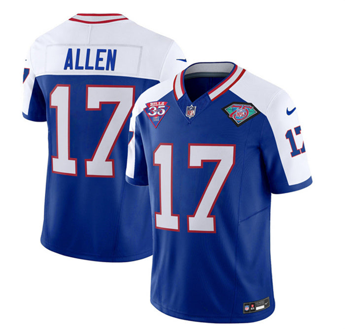 Custom Men’s Buffalo Bills #17 Josh Allen Blue White 35th And 75th Patch 2023 F.U.S.E. Throwback Vapor Untouchable Limited Stitched Jersey