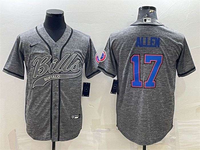 Custom Men’s Buffalo Bills #17 Josh Allen Grey With Patch Cool Base Stitched Baseball Jersey