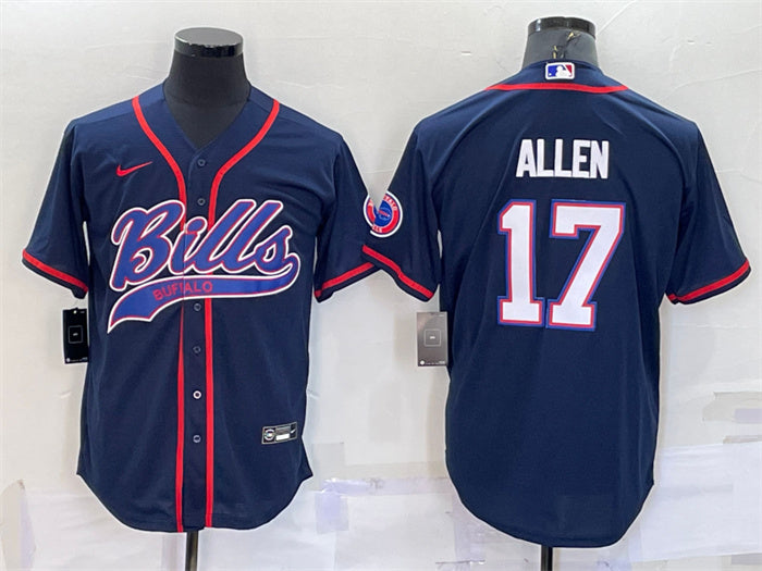 Custom Men’s Buffalo Bills #17 Josh Allen Navy With Patch Cool Base Stitched Baseball Jersey