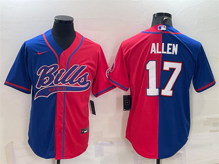 Custom Men’s Buffalo Bills #17 Josh Allen Royal Red Split With Patch Cool Base Stitched Baseball Jersey
