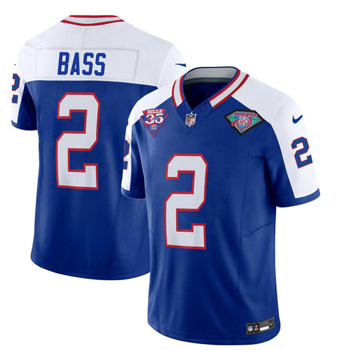 Custom Men’s Buffalo Bills #2 Tyler Bass Blue White 2023 F.U.S.E. 35th And 75th Patch Throwback Vapor Untouchable Limited Stitched Jersey
