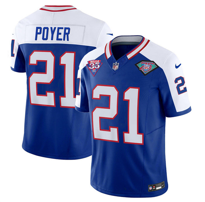 Custom Men’s Buffalo Bills #21 Jordan Poyer Blue White 2023 F.U.S.E. 35th And 75th Patch Throwback Vapor Untouchable Limited Stitched Jersey