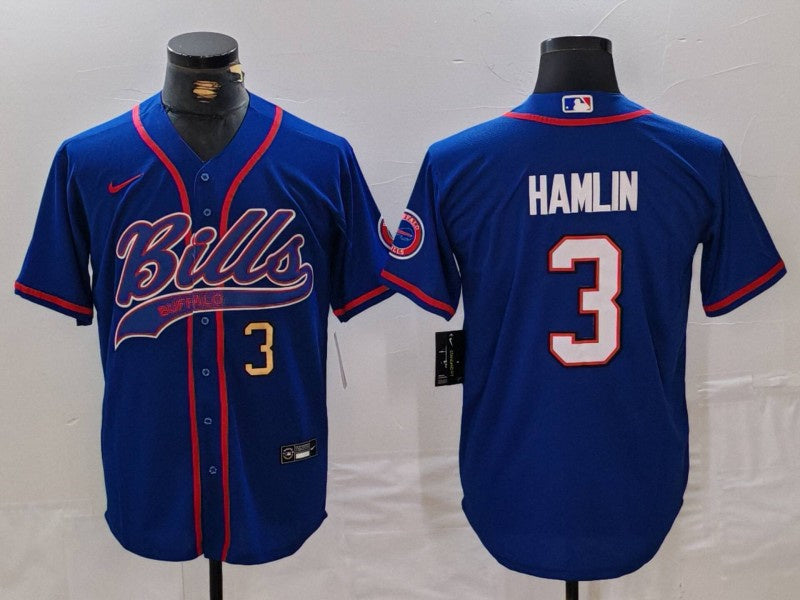 Custom Men’s Buffalo Bills #3 Damar Hamlin Blue With Patch Cool Base Stitched Baseball Jerseys