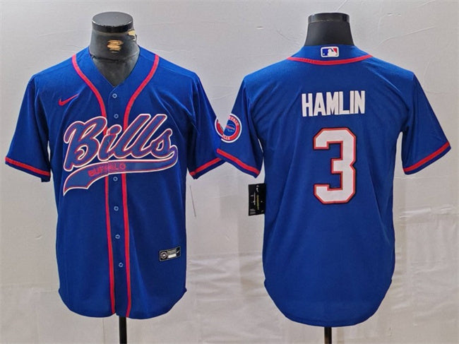 Custom Men’s Buffalo Bills #3 Damar Hamlin Blue With Patch Cool Base Stitched Baseball Jersey
