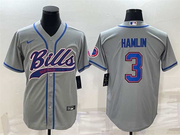 Custom Men’s Buffalo Bills #3 Damar Hamlin Gray With Patch Cool Base Stitched Baseball Jersey