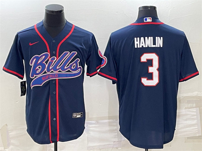 Custom Men’s Buffalo Bills #3 Damar Hamlin Navy With Patch Cool Base Stitched Baseball Jersey