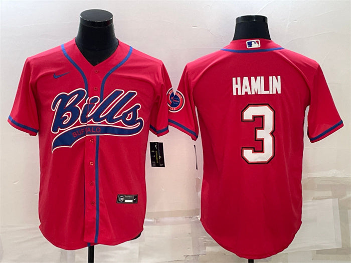 Custom Men’s Buffalo Bills #3 Damar Hamlin Red With Patch Cool Base Stitched Baseball Jersey