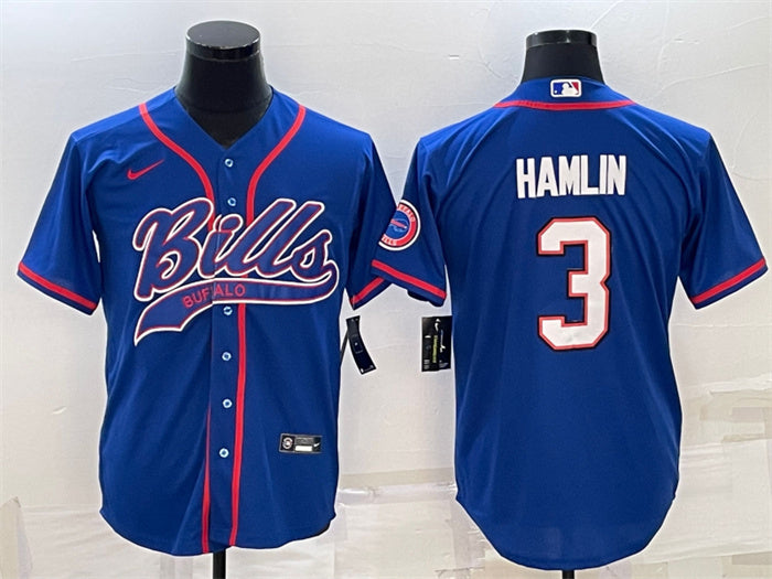 Custom Men’s Buffalo Bills #3 Damar Hamlin Royal With Patch Cool Base Stitched Baseball Jersey