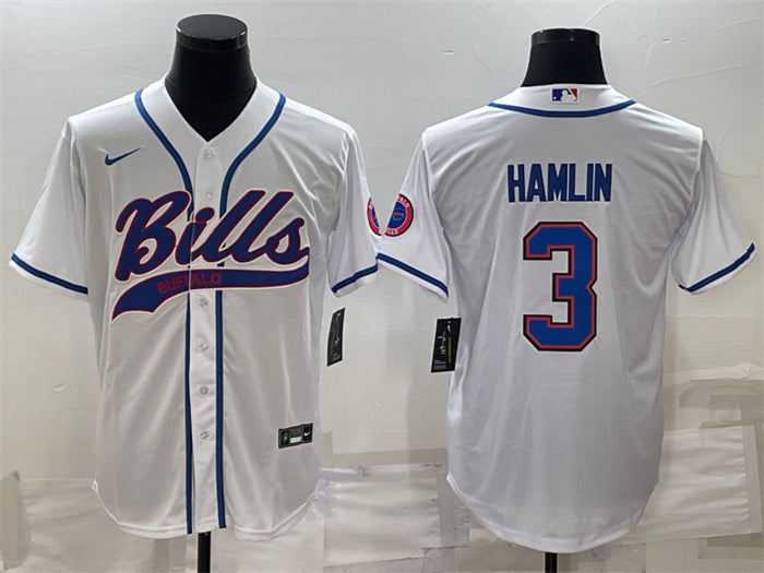 Custom Men’s Buffalo Bills #3 Damar Hamlin White With Patch Cool Base Stitched Baseball Jersey