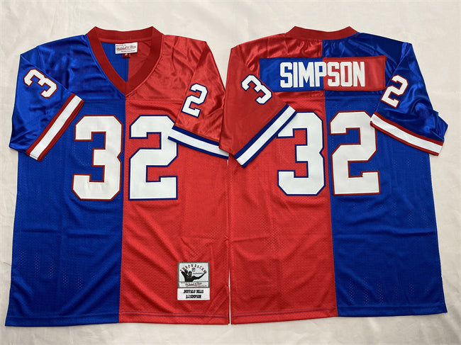 Custom Men’s Buffalo Bills #32 O.J. Simpson Blue Red Splite Throwback Stitched Jersey