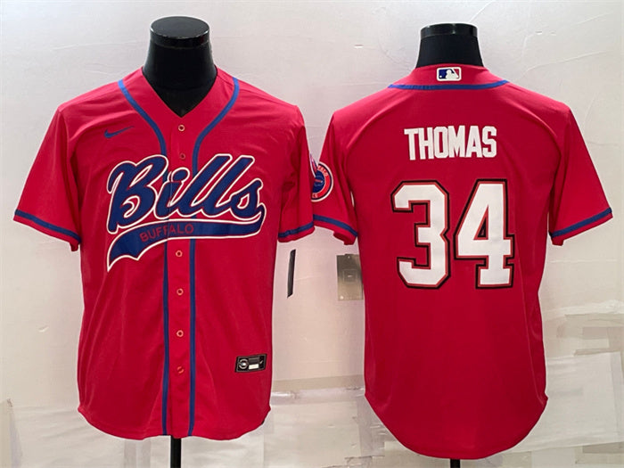 Custom Men’s Buffalo Bills #34 Thurman Thomas Red With Patch Cool Base Stitched Baseball Jersey