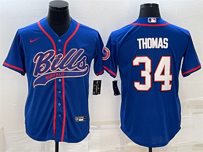 Custom Men’s Buffalo Bills #34 Thurman Thomas Royal With Patch Cool Base Stitched Baseball Jersey