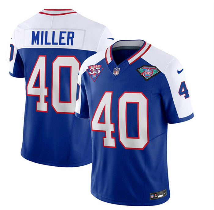 Custom Men’s Buffalo Bills #40 Von Miller Blue White 35th And 75th Patch 2023 F.U.S.E. Throwback Vapor Untouchable Limited Stitched Jersey