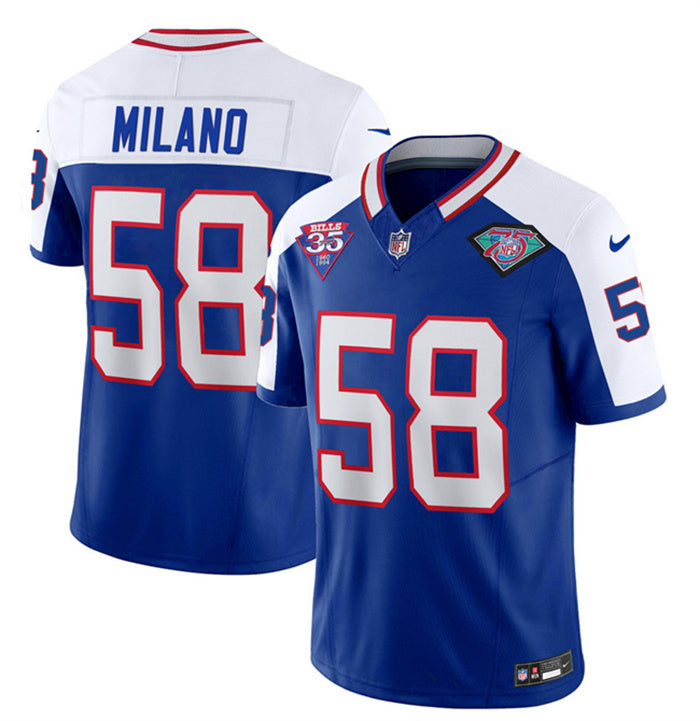 Custom Men’s Buffalo Bills #58 Matt Milano Blue White 35th And 75th Patch 2023 F.U.S.E. Throwback Vapor Untouchable Limited Stitched Jersey