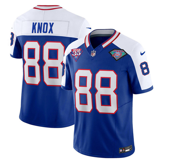 Custom Men’s Buffalo Bills #88 Dawson Knox Blue White 35th And 75th Patch 2023 F.U.S.E. Throwback Vapor Untouchable Limited Stitched Jersey