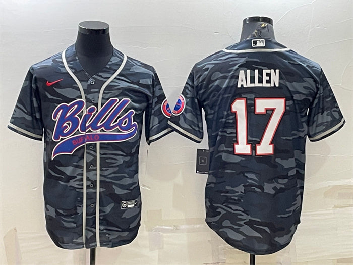 Custom Men’s Buffalo Bills Blank #17 Josh Allen Grey Navy Camo With Patch Cool Base Stitched Baseball Jersey