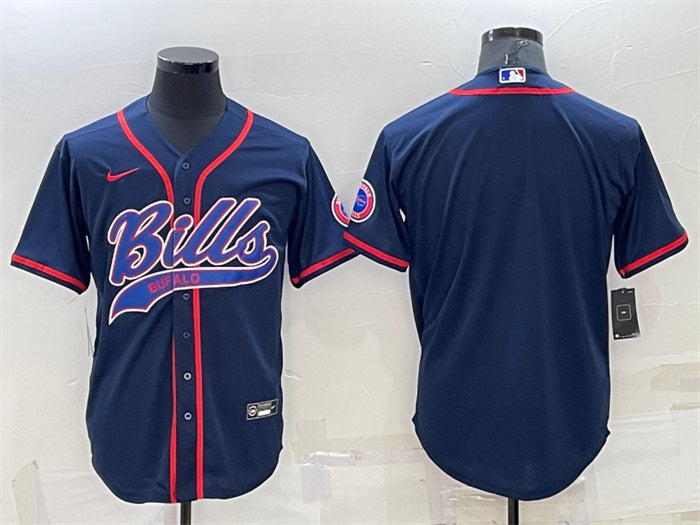 Custom Men’s Buffalo Bills Blank Navy With Patch Cool Base Stitched Baseball Jersey